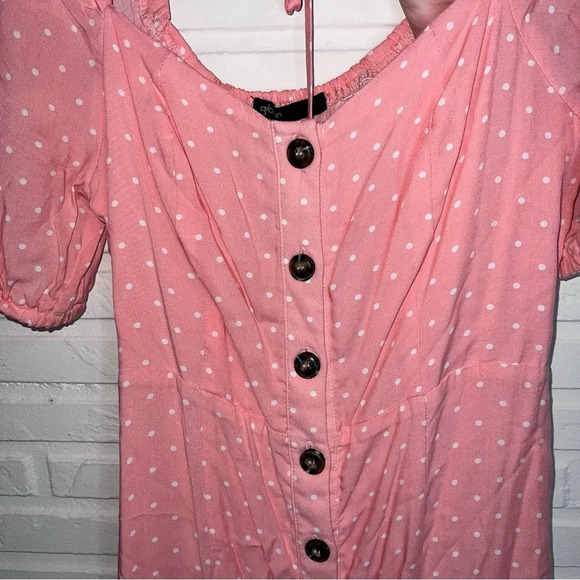 Gibson Pink White Polka Dot Puffed Short Sleeve Midi Smocked Dress, Size Small - Picture 8 of 9